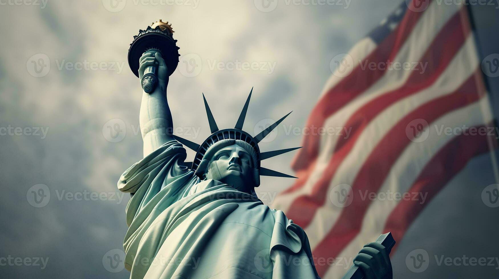 Statue of Liberty on the background of flag usa. Generative AI photo