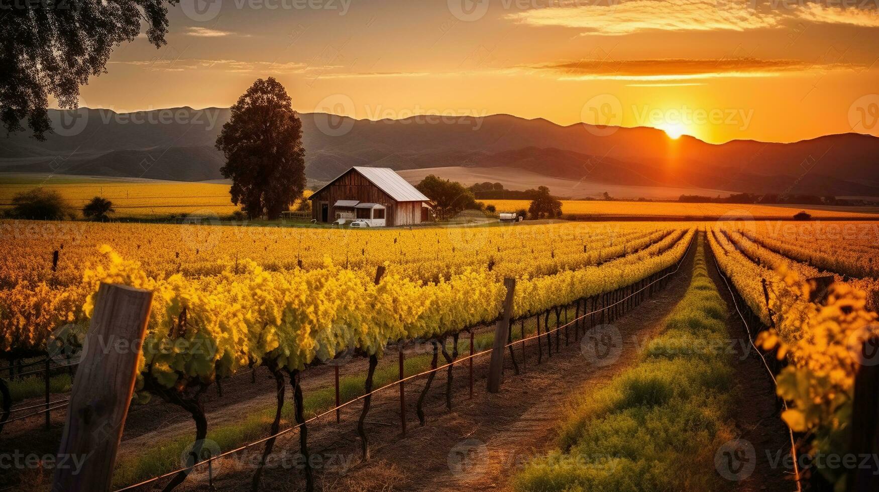 A Breathtaking Sunset Setting Over Vineyard, Mountains, and Barnscape in the distance with a fence and trees and a field with yellow flowers in the foreground. Generative AI photo