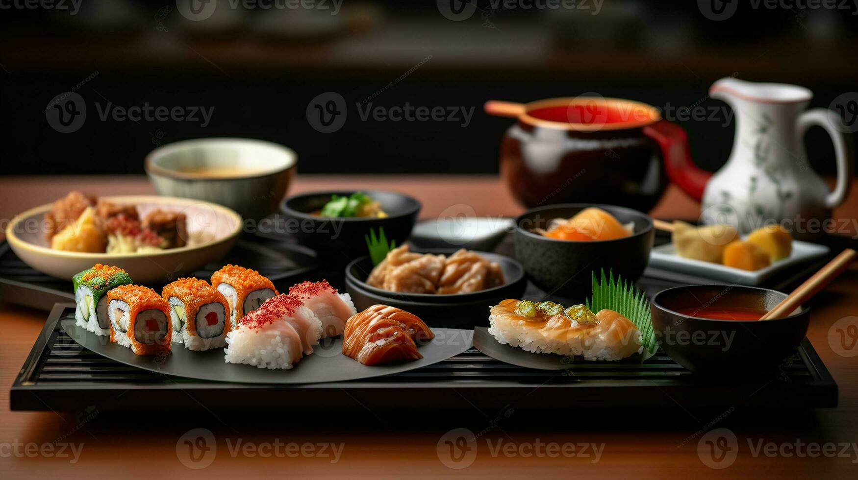 Japanese Delights Unleashed, A Tempting Assortment of Flavors on the Restaurant Table. Generative AI photo