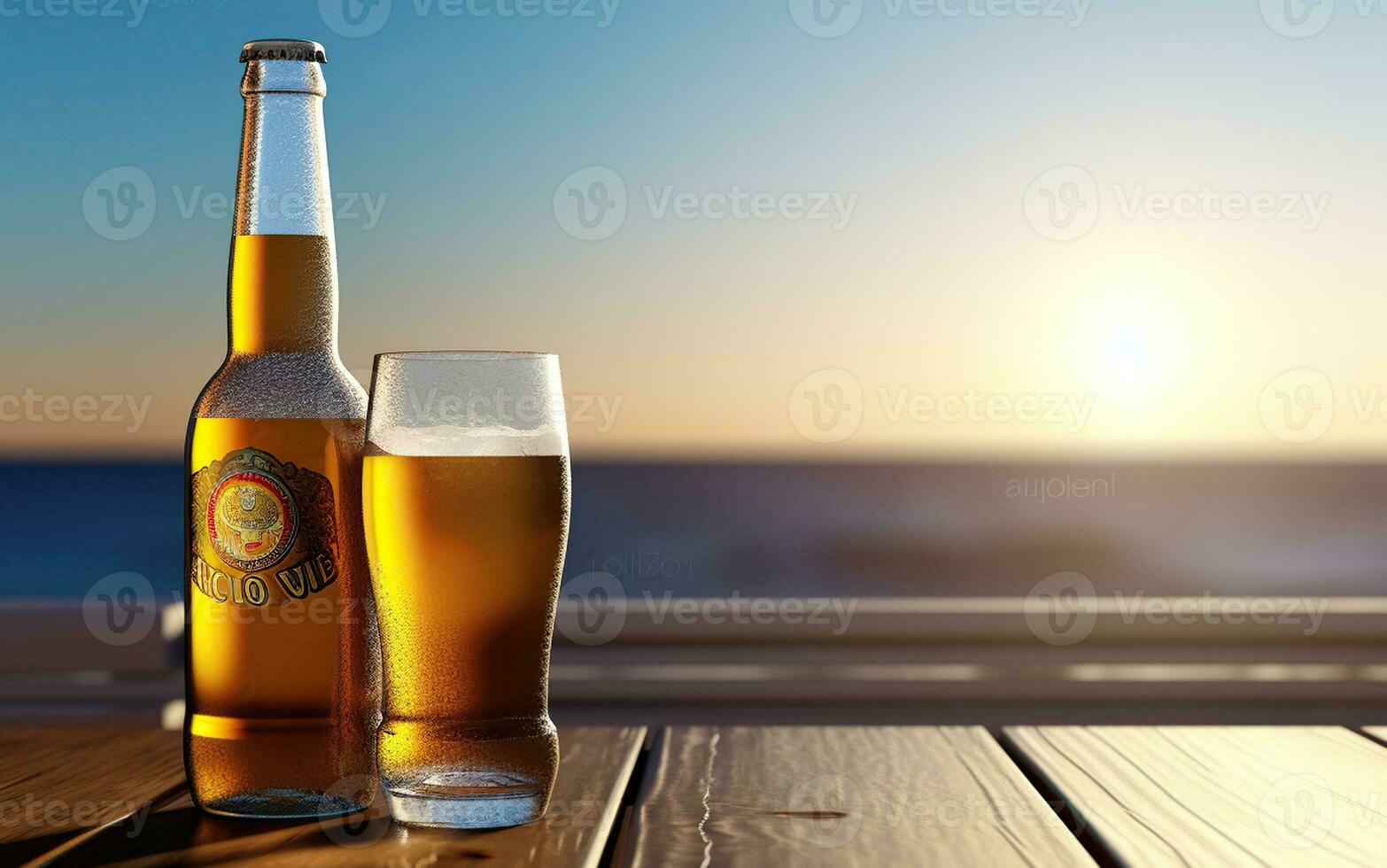 The condensation filled beer glass and the open beer bottle on the hardwood table. Light reflecting sea blurred into the background. Generative AI photo