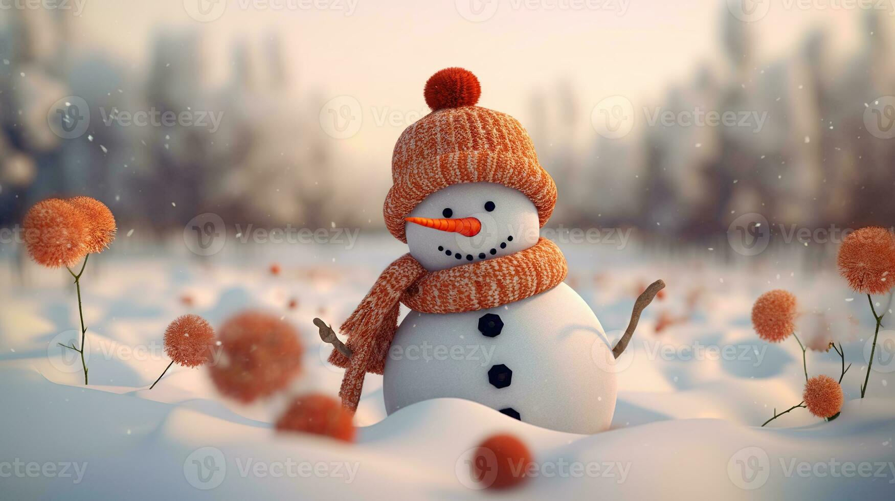 Snowman in knitted caps and scarfs on snow in the winter. Generative AI photo