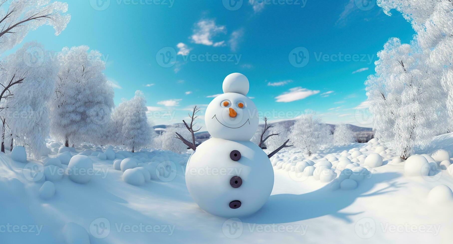 Panoramic view of happy snowman in winter scenery. Generative AI photo