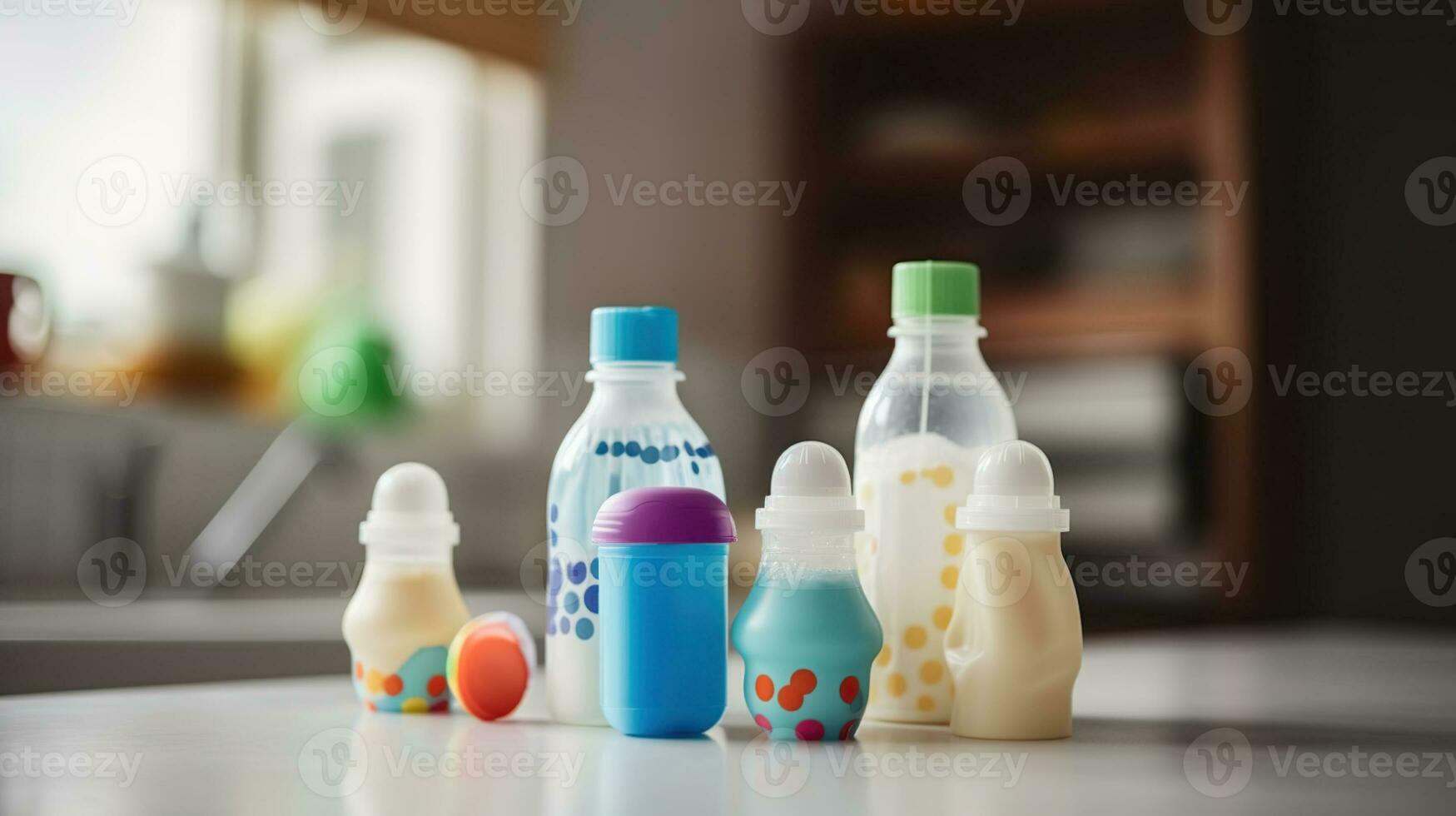 Baby Milk Bottles and Playful baby Toys Set in the Kitchen. Generative AI photo