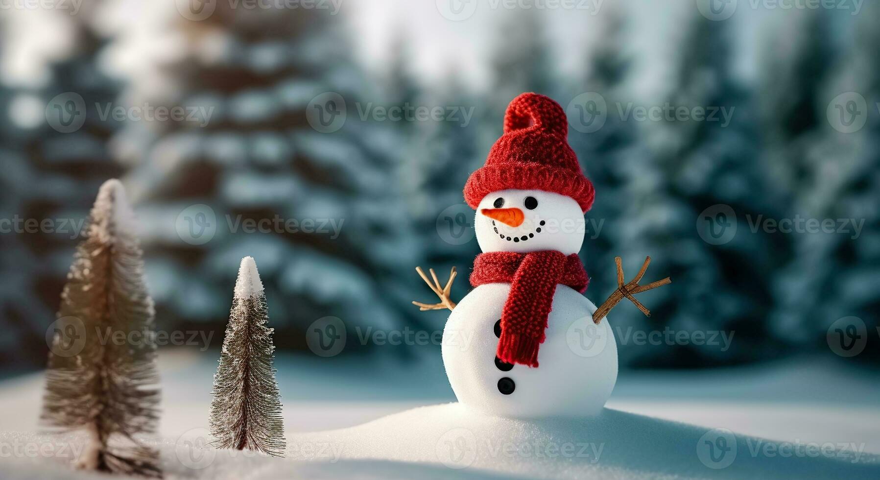 un alegre monigote de nieve en un Nevado mundo maravilloso con rojo sombrero y bufanda. generativo ai foto