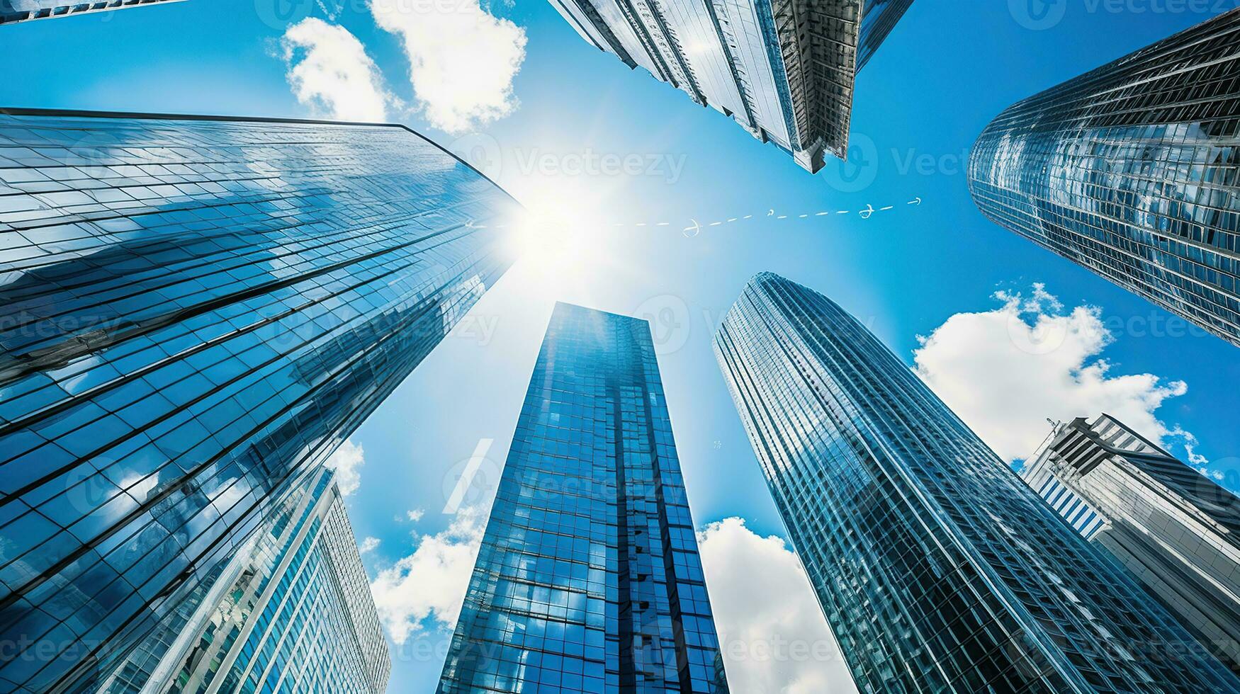 Modern skyscrapers, business office buildings with blue sky. Generative AI photo