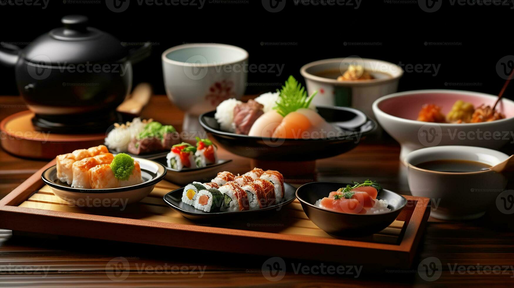 japonés delicias soltado, un tentador surtido de sabores en el restaurante mesa. generativo ai foto