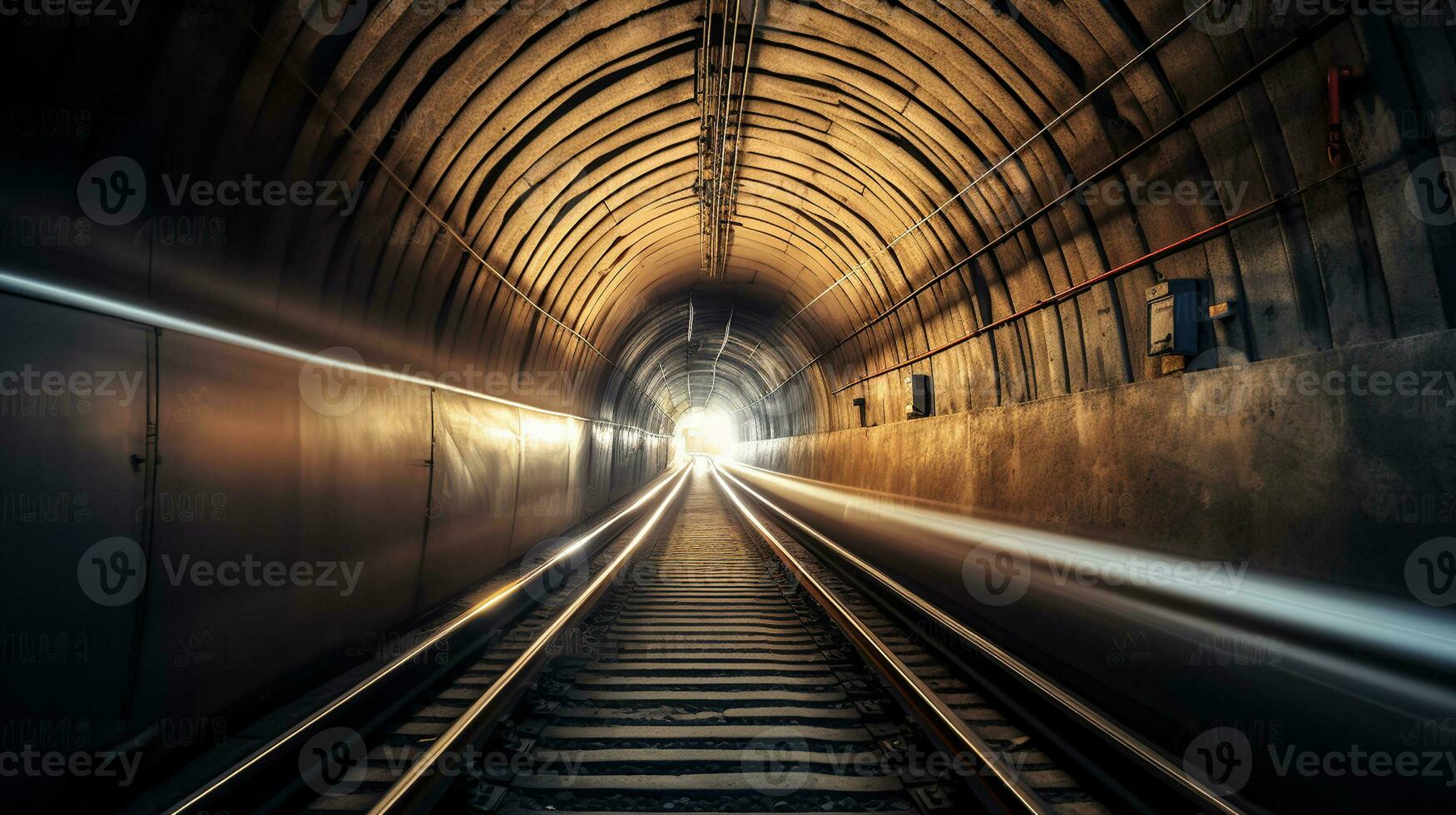 Subway tunnel with blurred light tracks with arriving train in the opposite direction. Generative AI photo