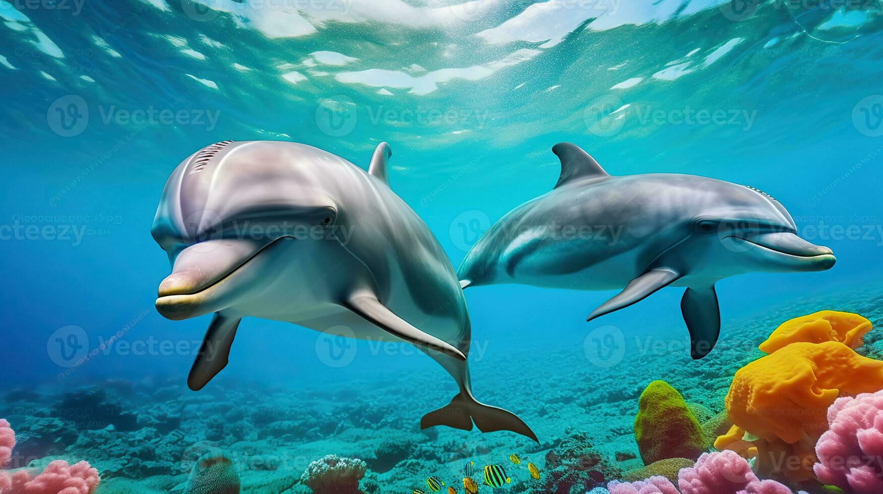 A Couple of dolphins in colorful underwater. Generative AI photo