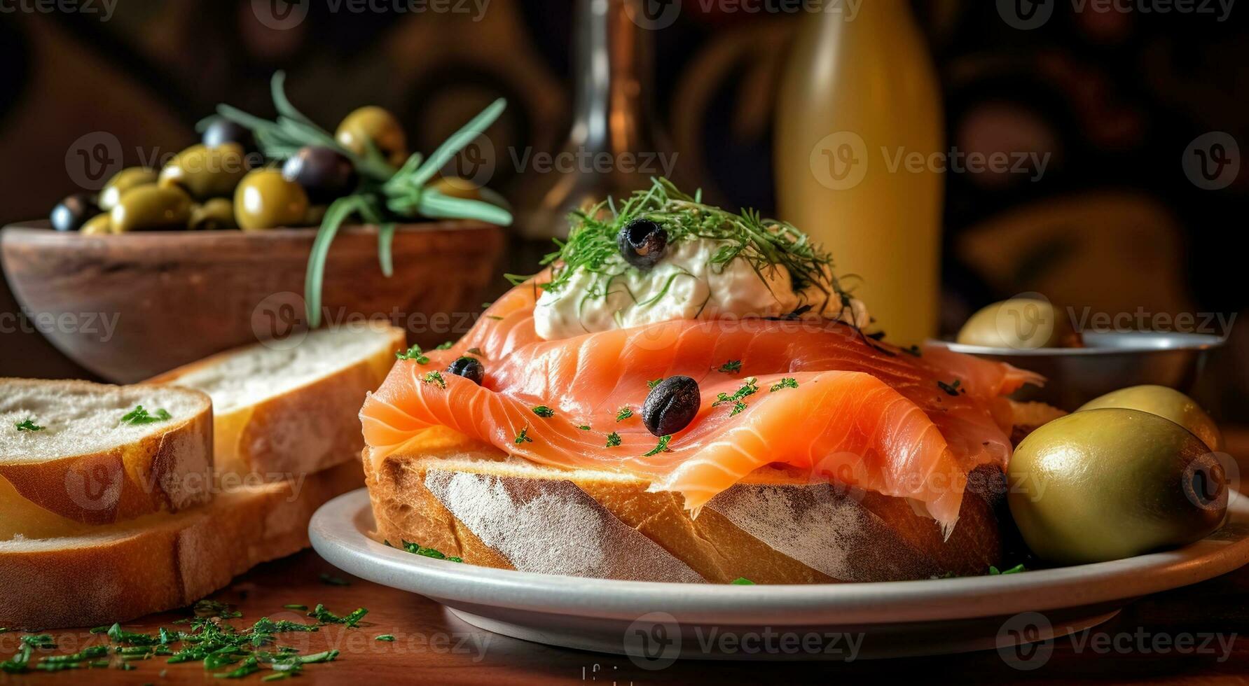A plate of food with bread, olives, and smoked salmon on it. Generative AI photo