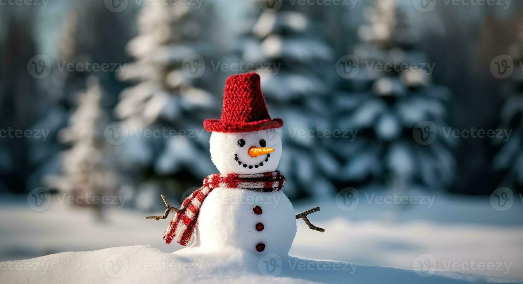 un encantador monigote de nieve en un rojo sombrero y bufanda. generativo ai foto