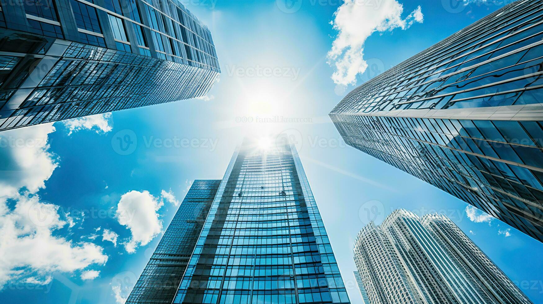 Modern skyscrapers, business office buildings with blue sky. Generative AI photo