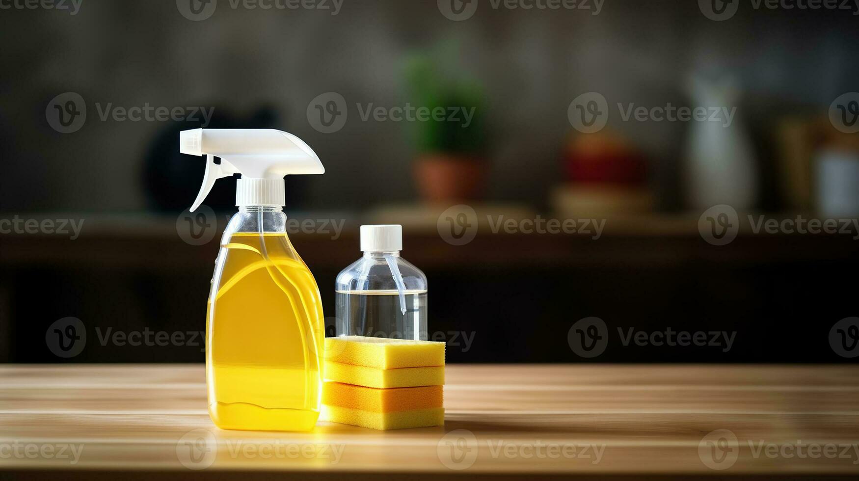 House cleaning product on wood table with copy space. Generative AI photo