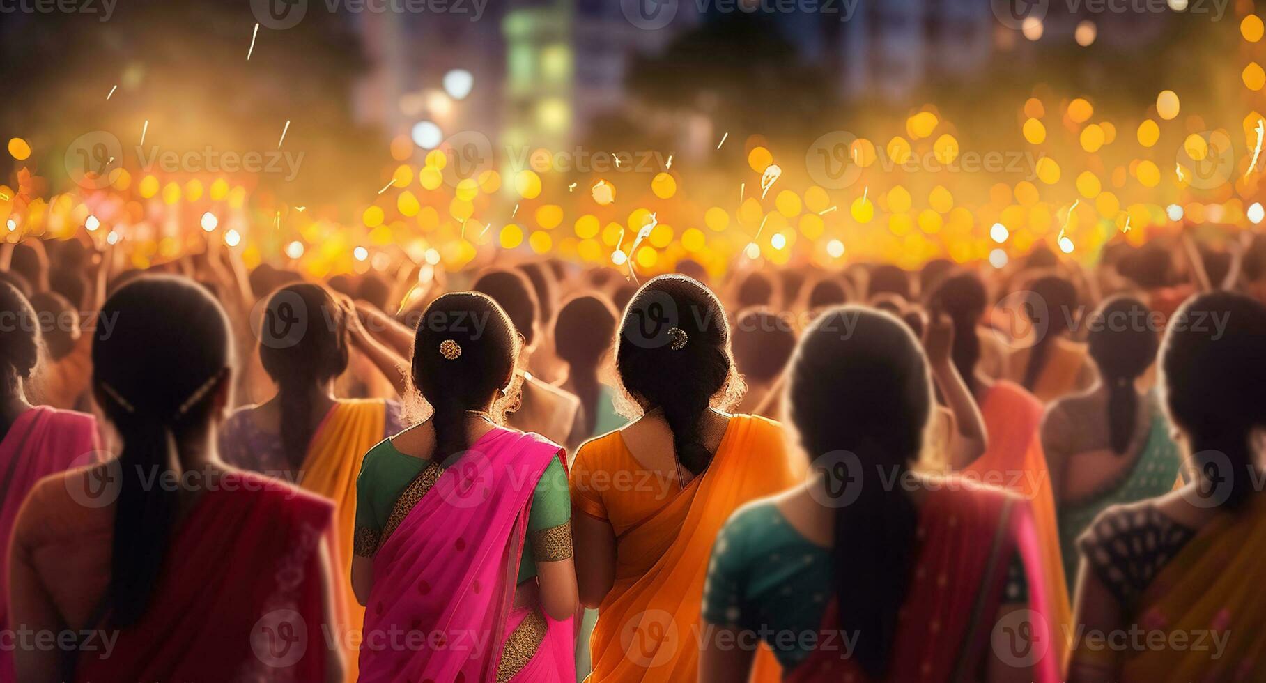 Celebrating the joyous occasion of Diwali, Crowds of Indians dance to traditional music. Generative AI photo