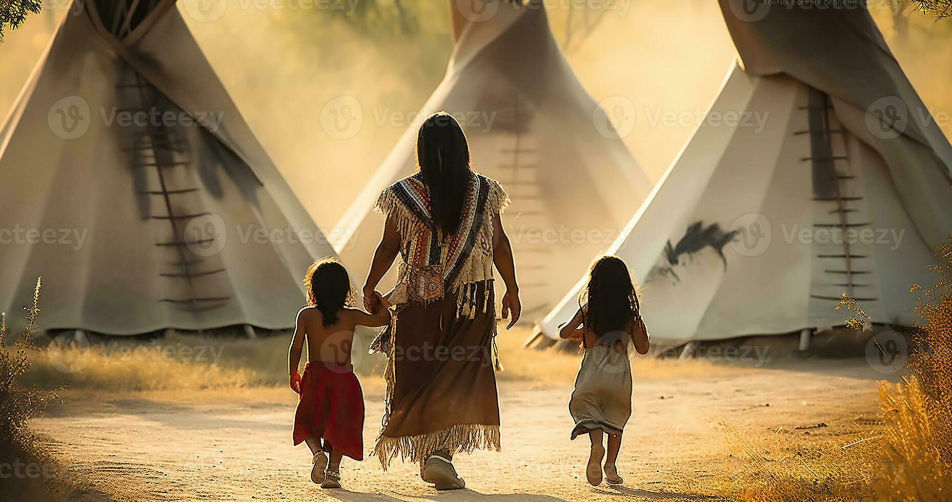 Native american indian woman walking with children toward tipi. Generative AI photo