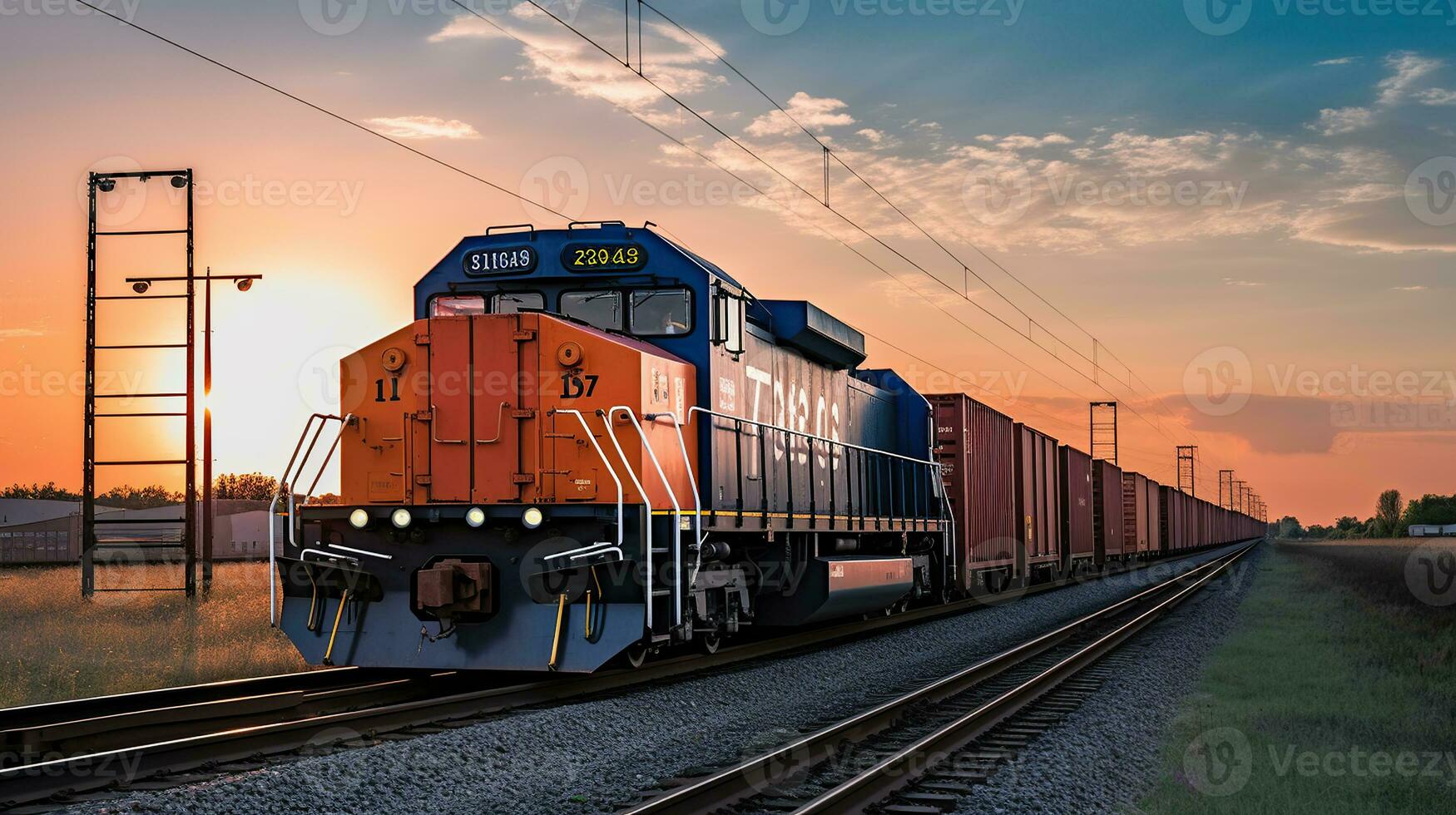 Freight Train Hauling Cargo Containers Across the Land, Generative AI photo