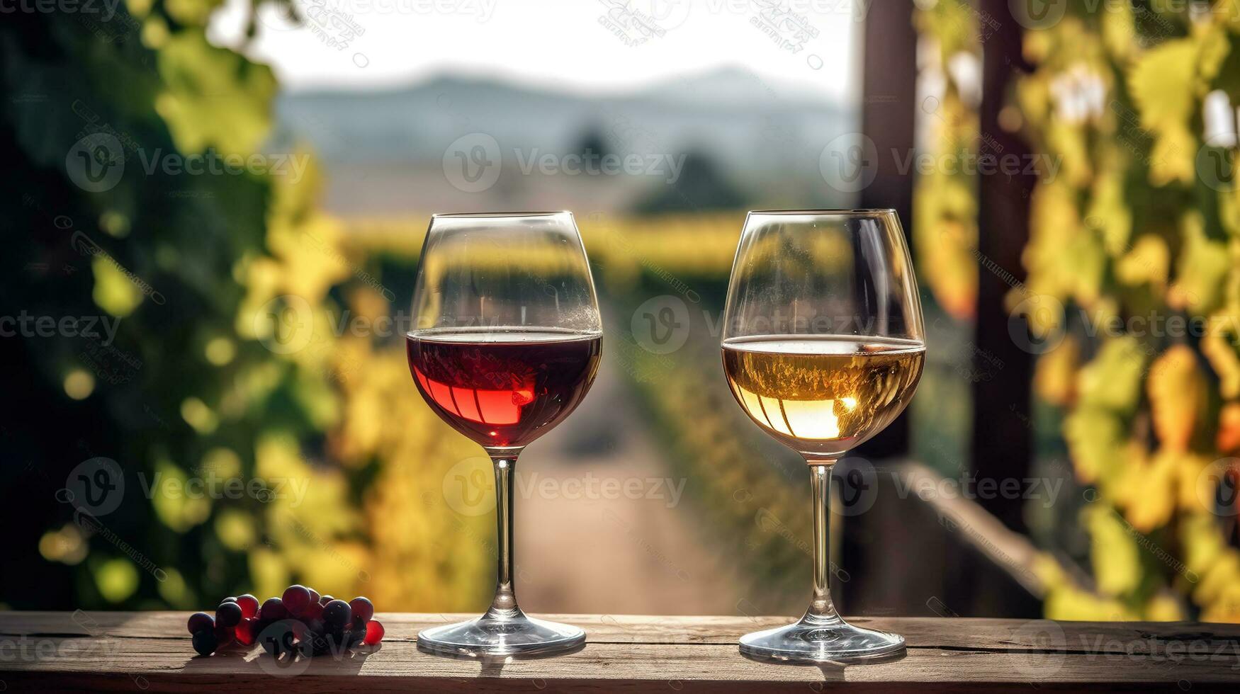 In the winery, red and white wines are being tasted. There are full wine glasses next to a window with a beautiful vineyard in the backdrop. Generative AI photo