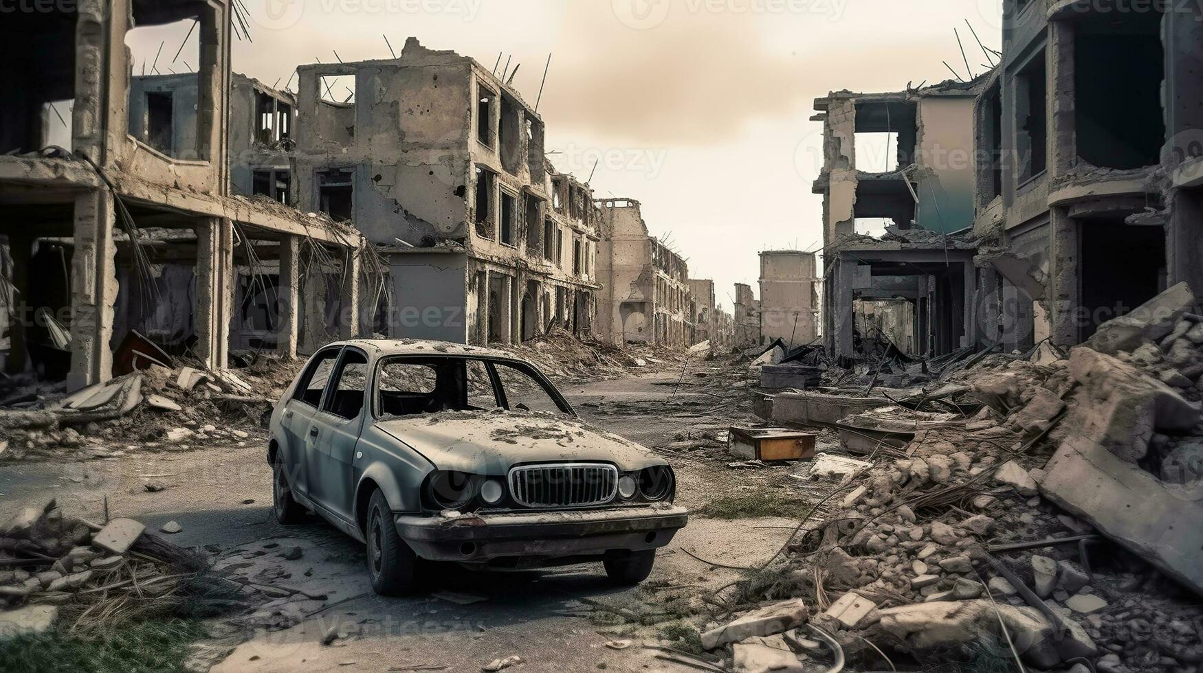 A destroyed car stands among the ruins of houses in a war-torn city, Generative AI photo