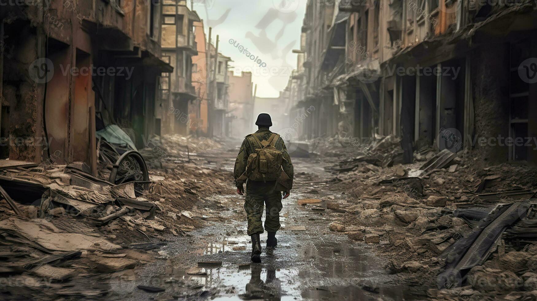 A lone soldier walks through the war-torn city between destroyed buildings. Generative AI photo