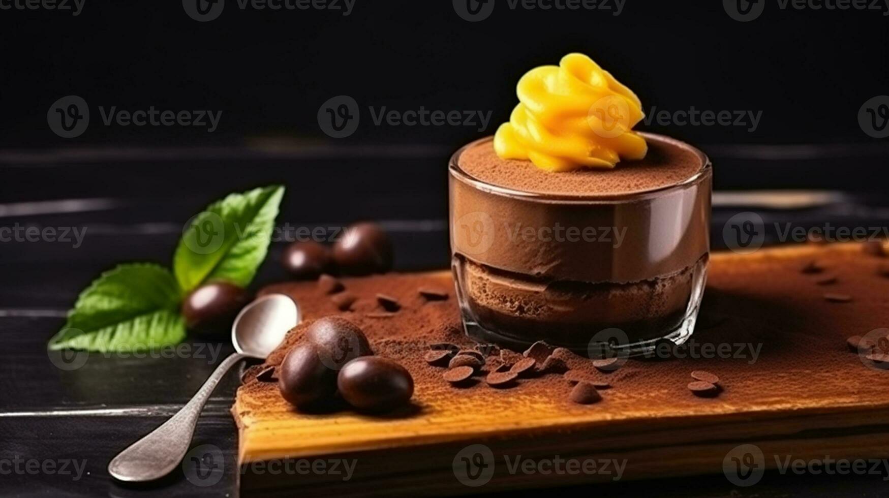 Mango-Chocolate Harmony, A Delectable Wooden Black Mousse Fusion. Generative AI photo