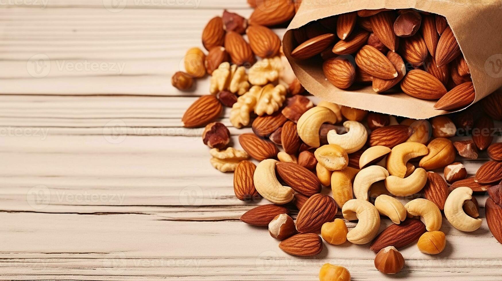 Mixed nuts in wooden bowl and scattered on table. Trail mix of pecan, almond, macadamia on wood textured surface. Generative AI photo