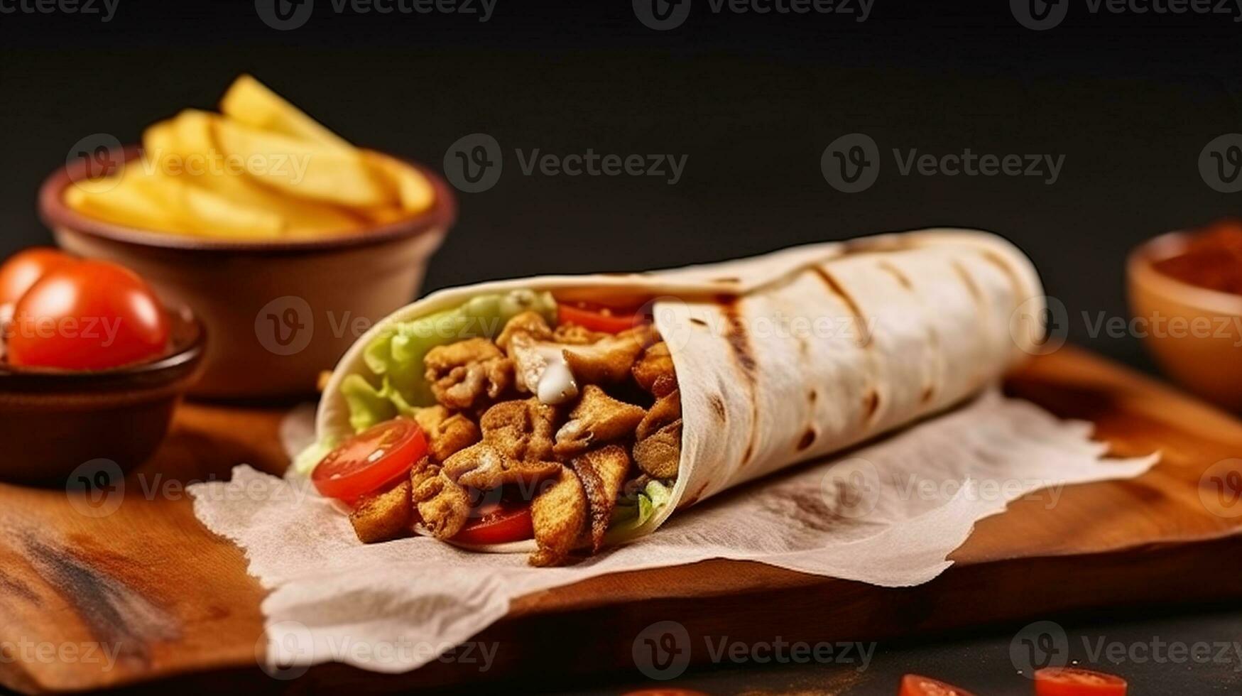 Savory Rustic Shawarma with French Fries, Mushrooms, and Chicken Wrapped in Pita Bread. Generative AI photo