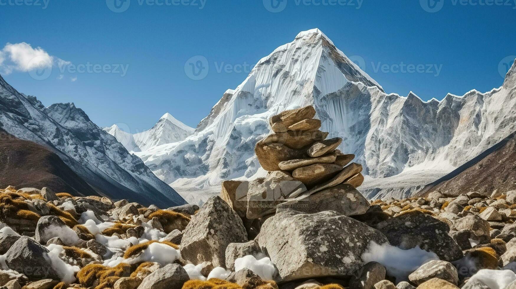 View to snow peak through stones in valley, Generative AI photo