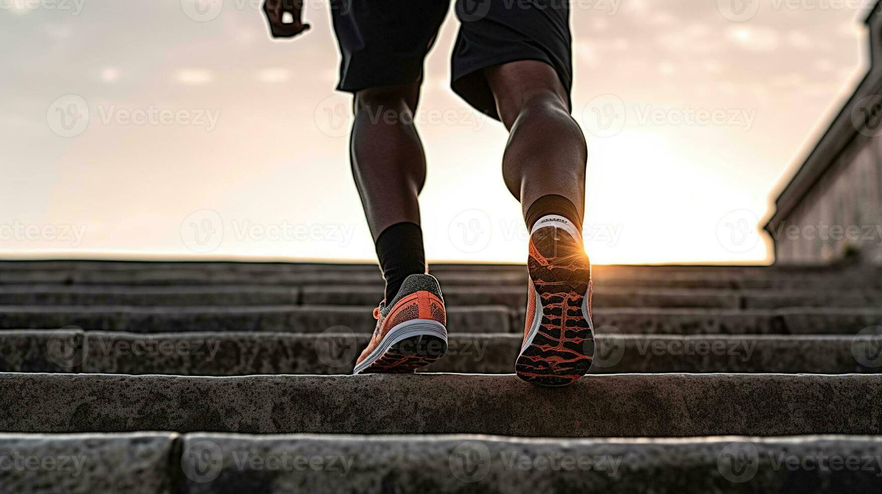 A runner wearing sneakers and running shoes, walking up stairs, in the style of backlight, Generative AI photo