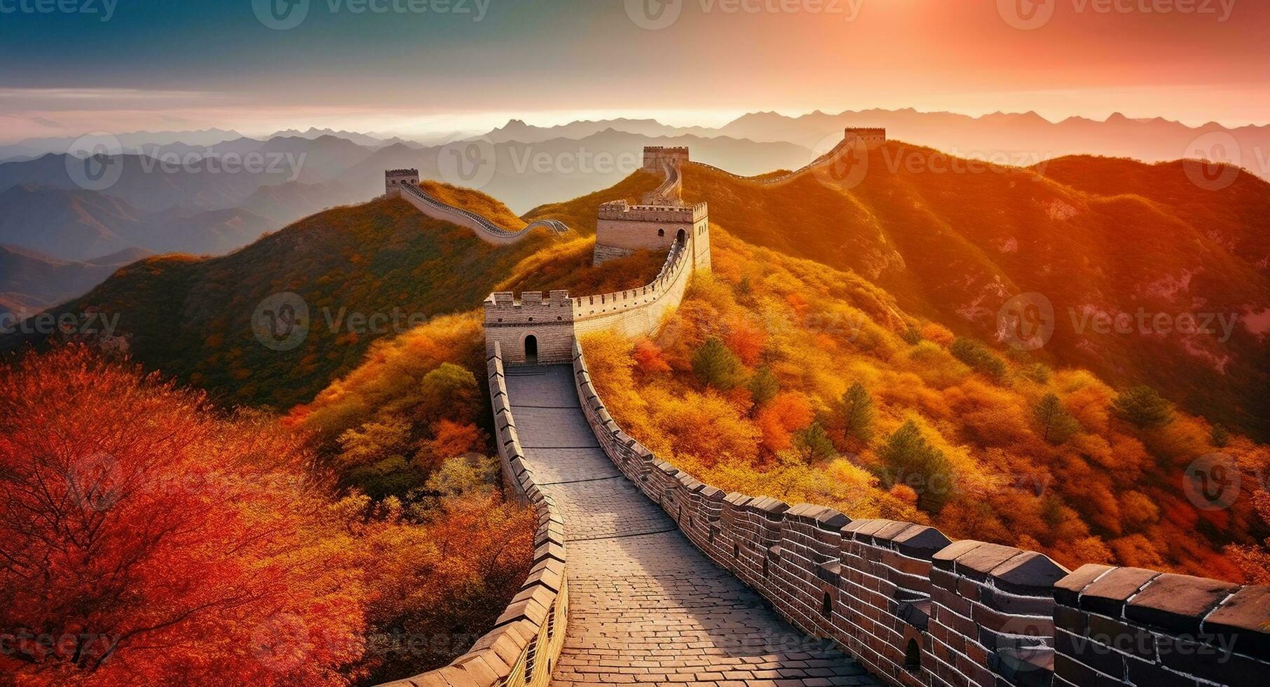 Autumn's Embrace, The Majestic Great Wall of China Painted in Nature's Vibrant Hues, Generative AI photo