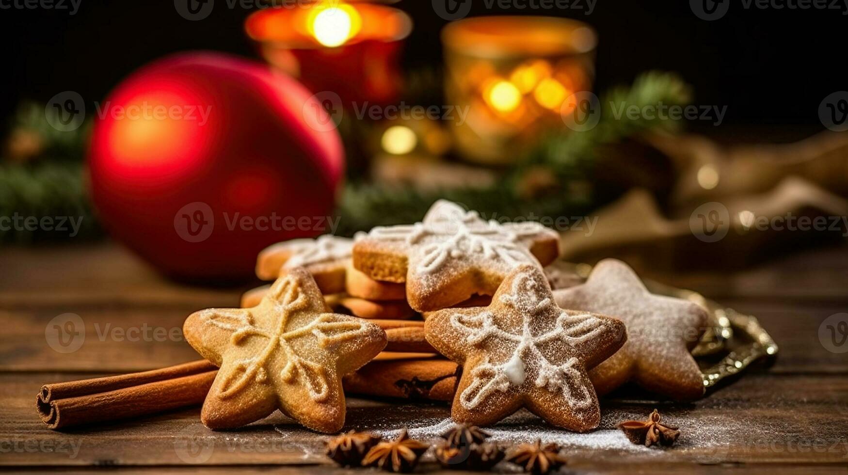 Traditional Christmas cookies, cinnamon stars on rustic background, Generative AI photo