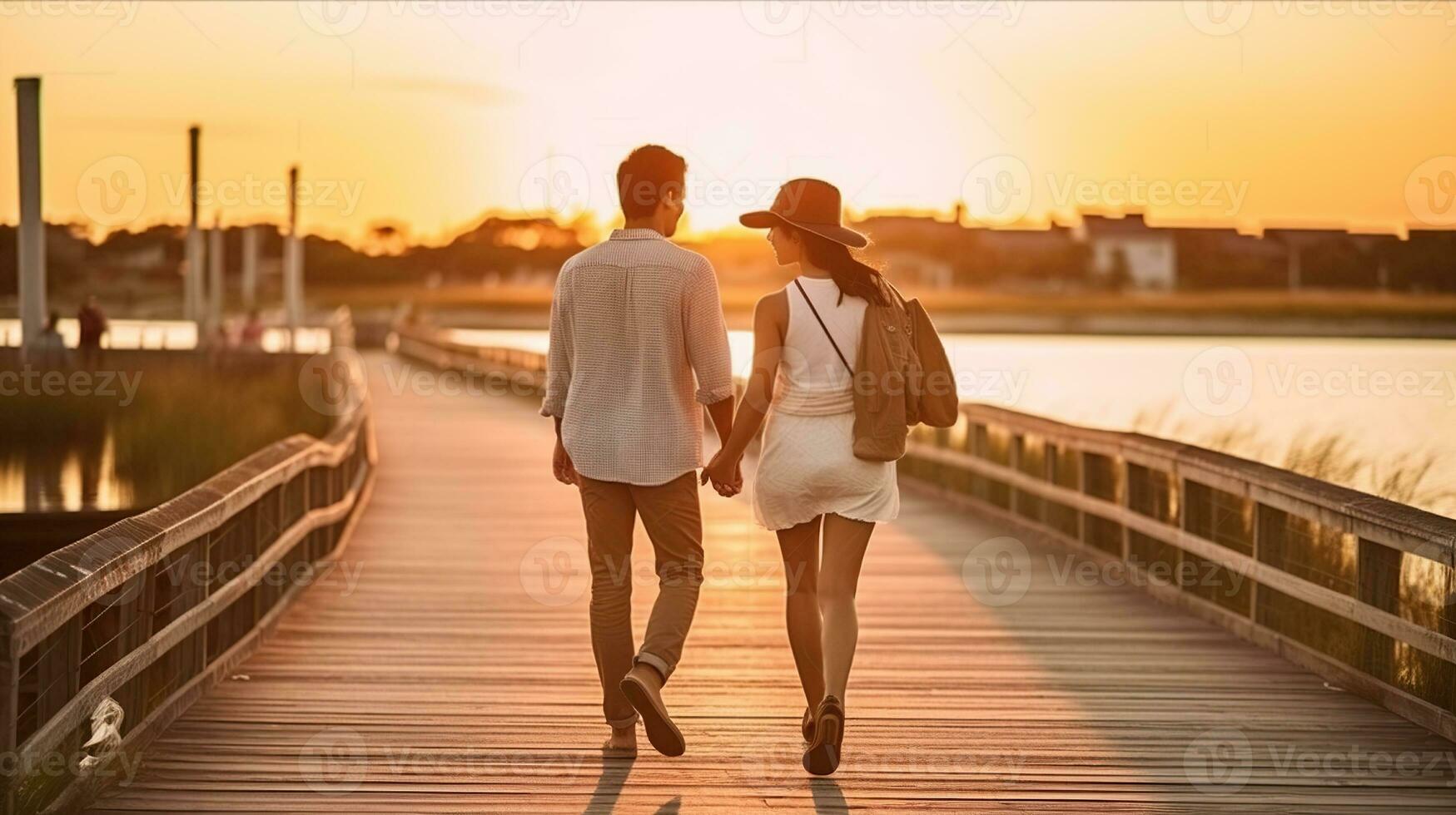 Back view of young couple walking on boardwalk at sunset, Generative AI photo