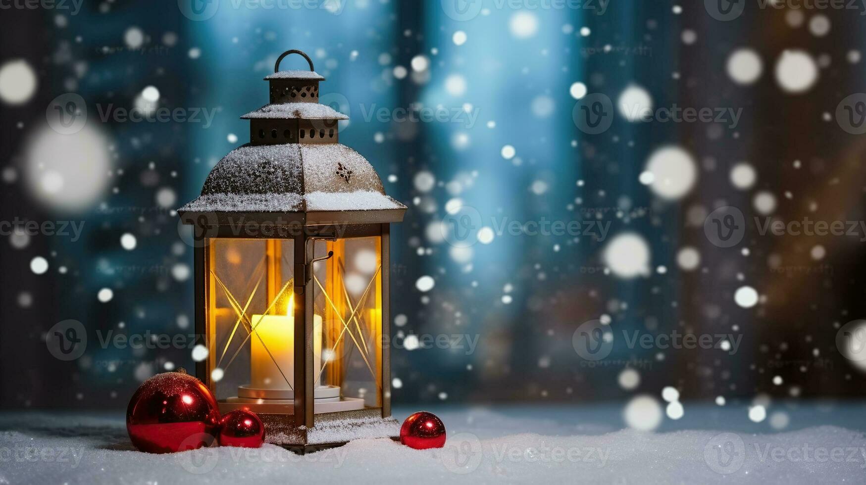 Lantern with snowfall and christmas decorations. Generative AI photo