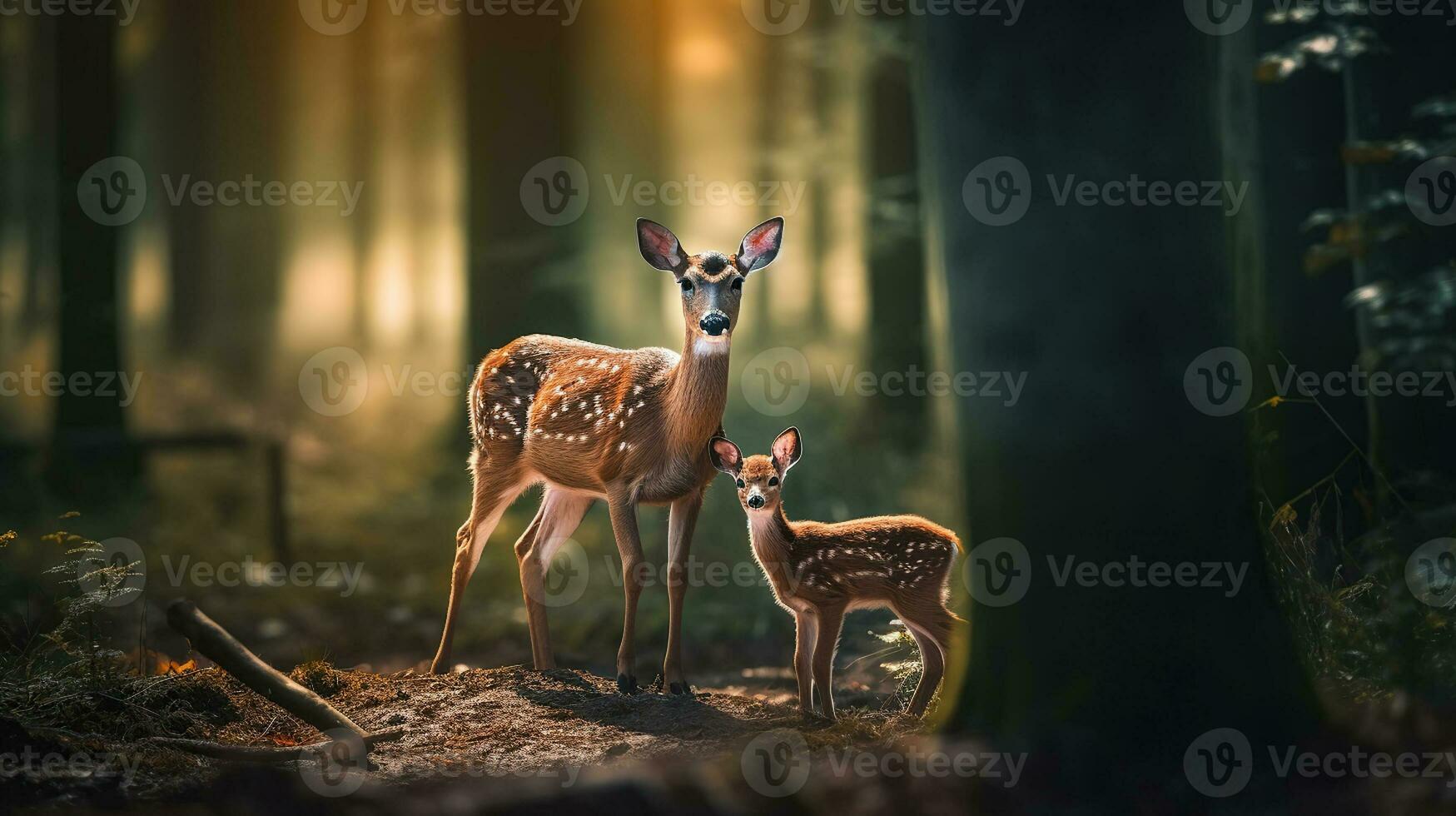bebé ciervo caminando con el madre en el madera, generativo ai foto