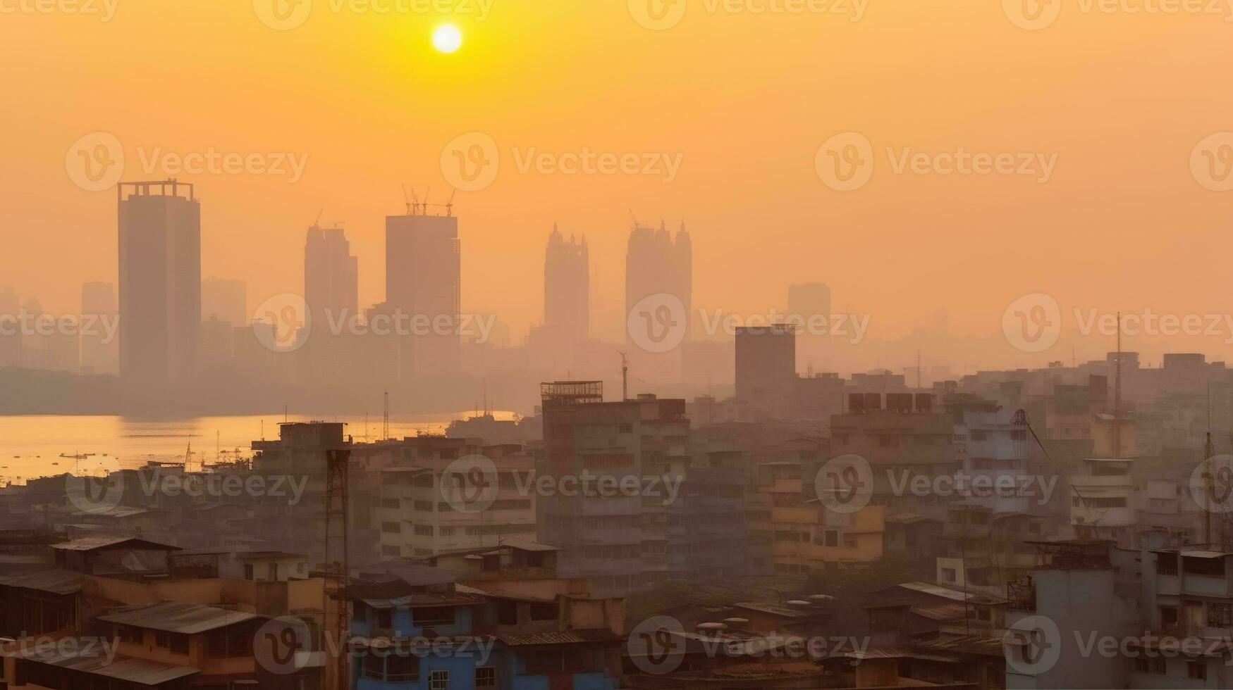 aire contaminación concepto - moderno Alto Rico edificios y pobre barrios marginales a puesta de sol. generativo ai foto