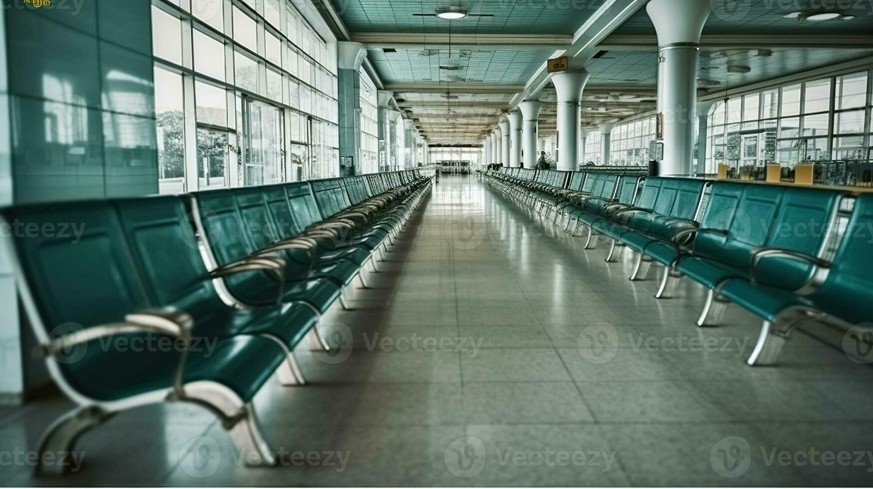 Rows of benches in the long distance bus station. Generative AI photo