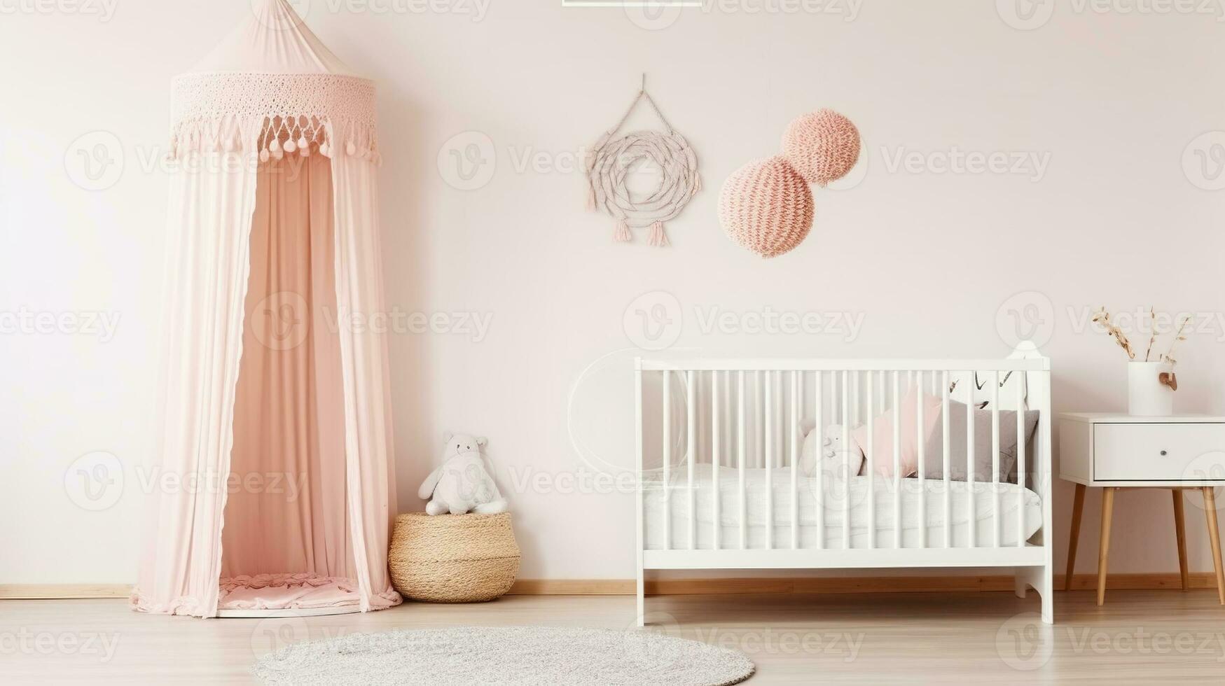 White woolen blanket and pastel pink pompom and wooden crib with canopy in bright baby room interior, Generative AI photo