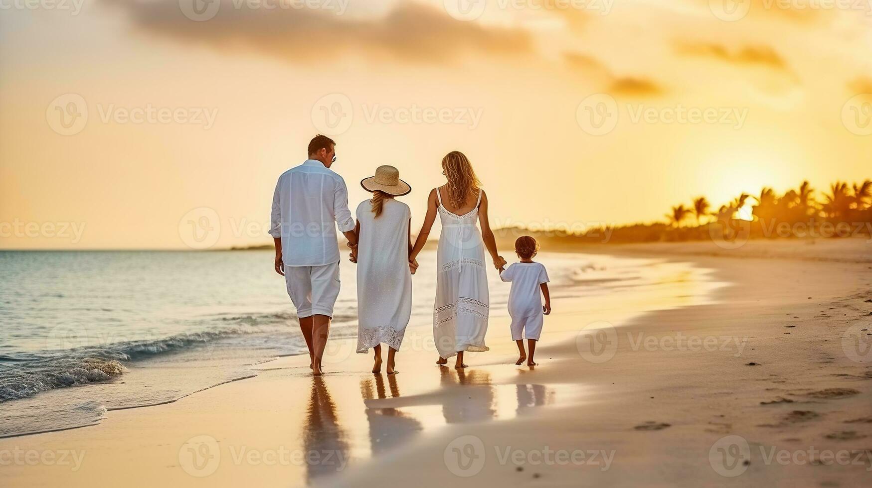 A elegant family in white summer clothing walks hand in hand down a tropical paradise beach during sunset time. Geneartive AI photo