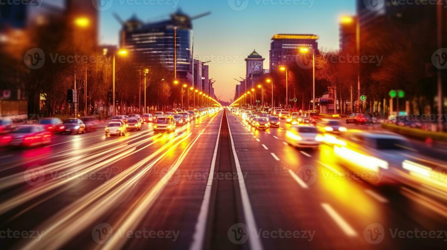 Captivating Light Trails Paint the City Streets. Generative AI photo