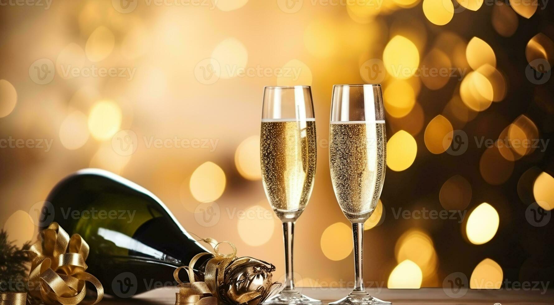 Champagne Flutes Toast the Holiday Spirit in a Dazzling Setting. Generative AI photo