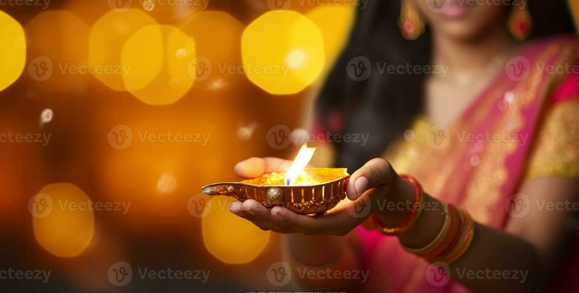 Female hands holding oil lamp celebrating Diwali, beautiful lights bokeh background. Generative AI photo