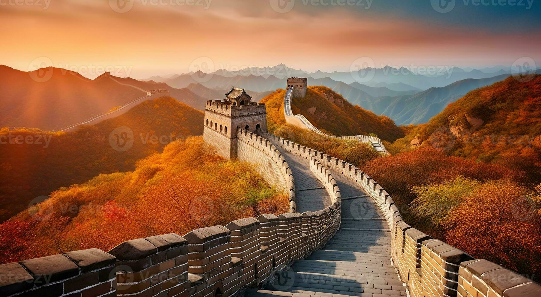 Autumn's Embrace, The Majestic Great Wall of China Painted in Nature's Vibrant Hues, Generative AI photo