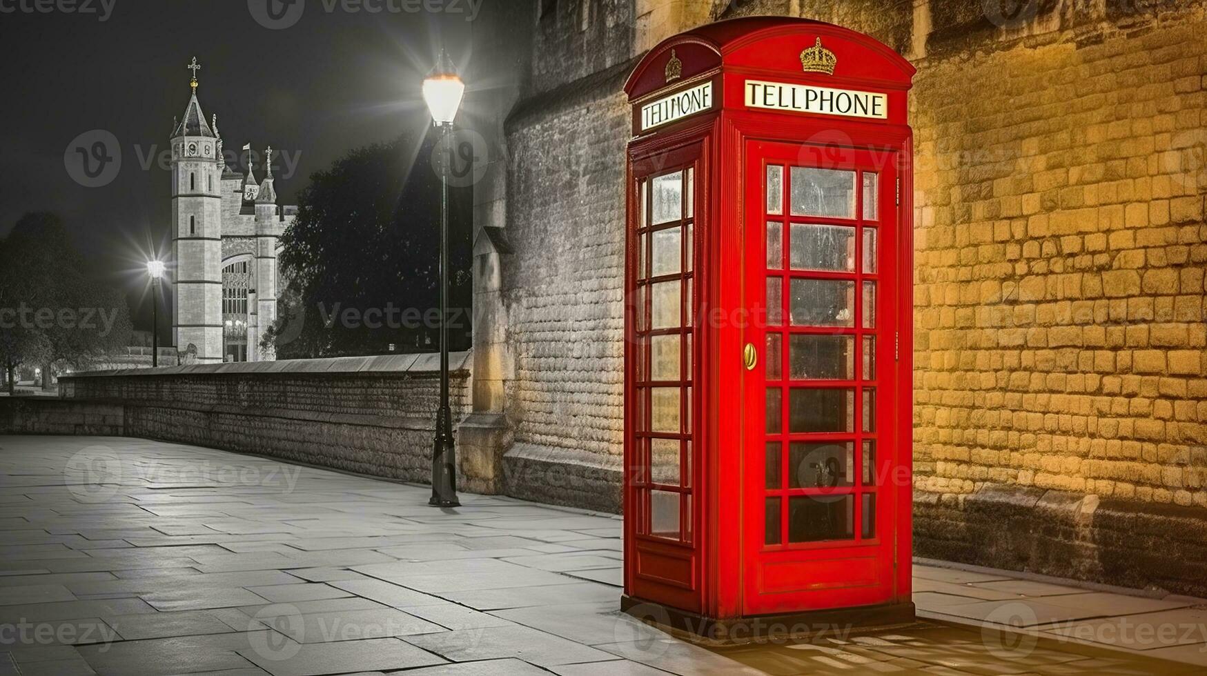 Classic, red telephone booth in front of the Tower of London, Generative AI photo