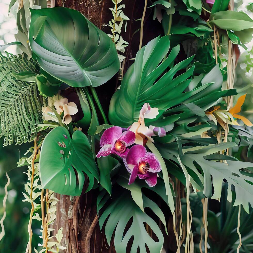 Dark green leaves monstera or split leaf philodendron. photo