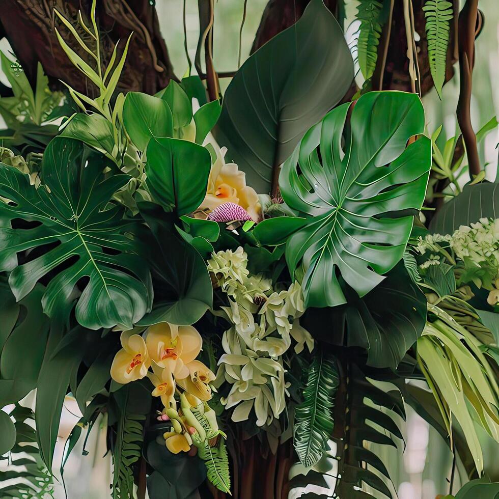 Dark green leaves monstera or split leaf philodendron. photo