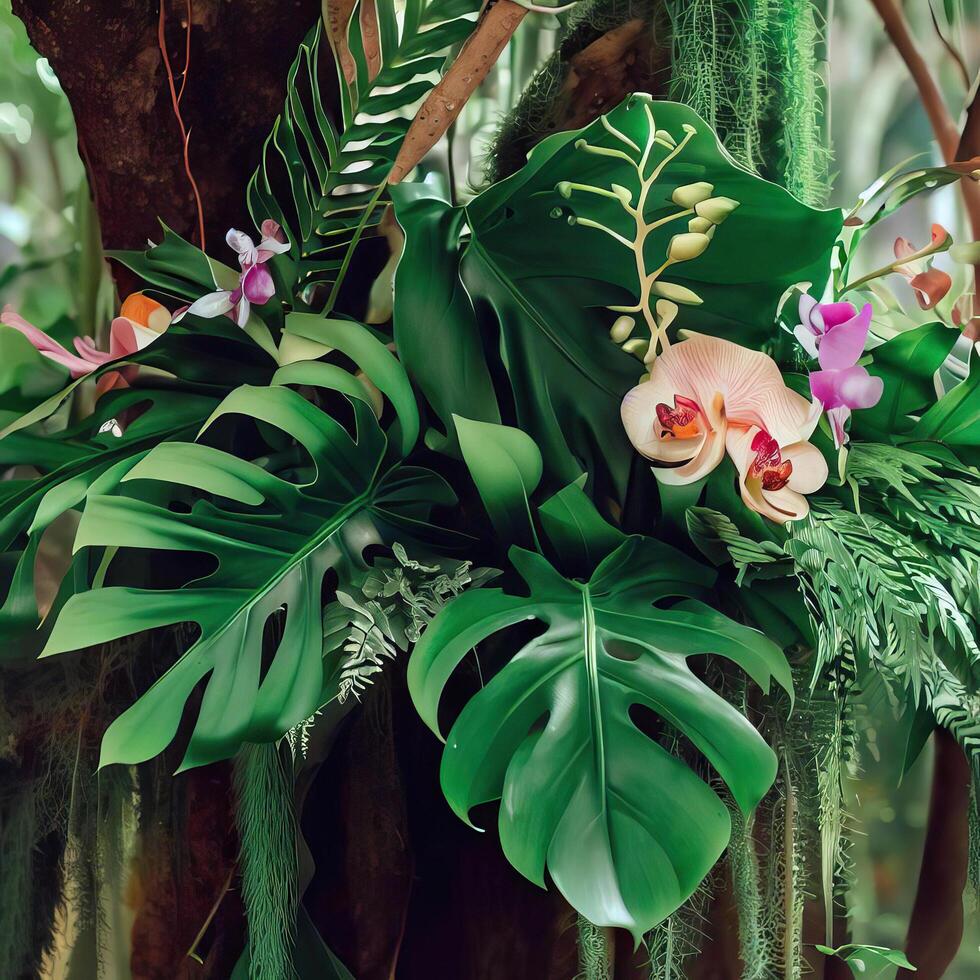 Dark green leaves monstera or split leaf philodendron. photo