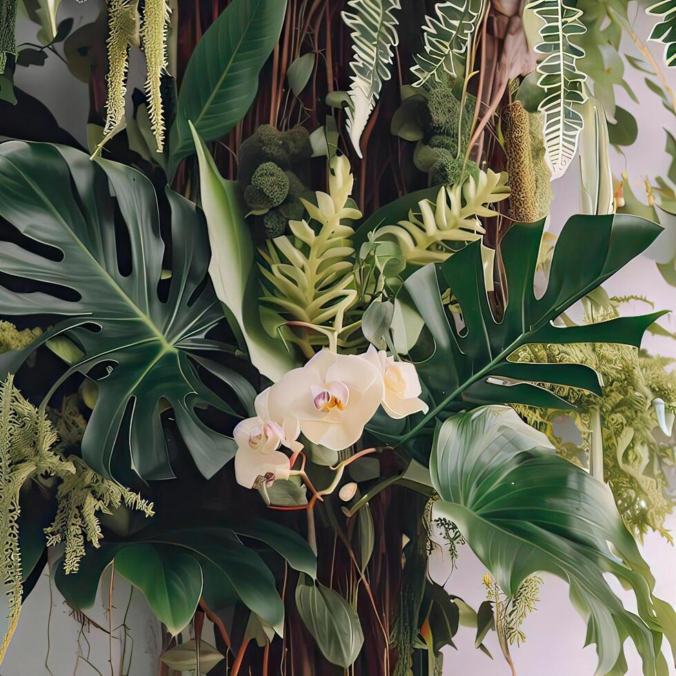 Dark green leaves monstera or split leaf philodendron light and shadow background. Generative AI photo