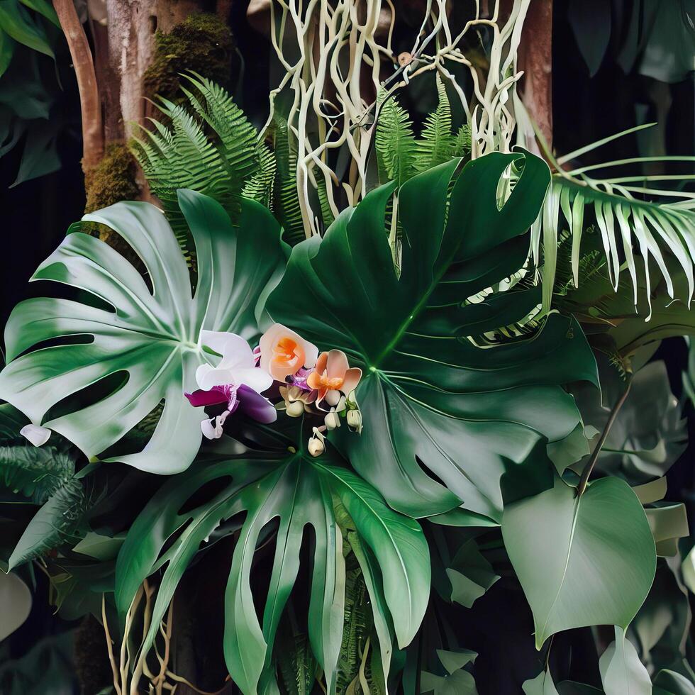 Dark green leaves monstera or split leaf philodendron light and shadow background. Generative AI photo