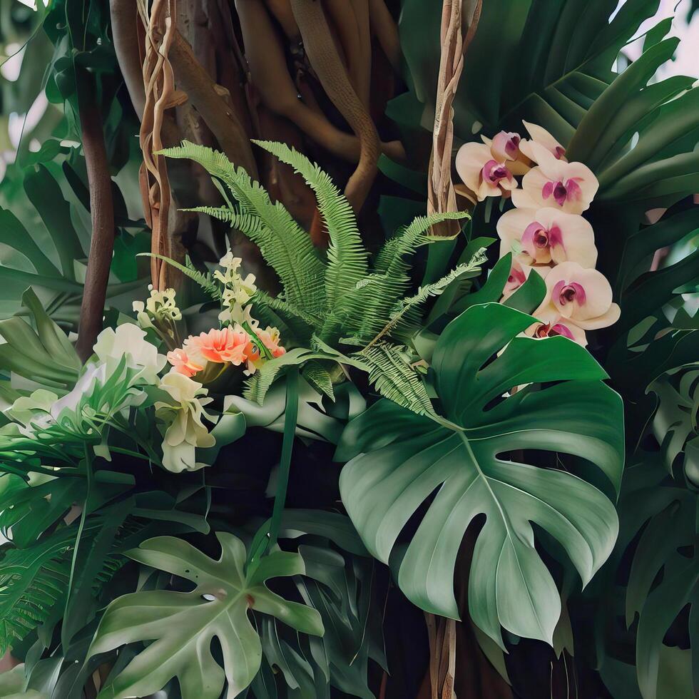 Dark green leaves monstera or split leaf philodendron light and shadow background. photo