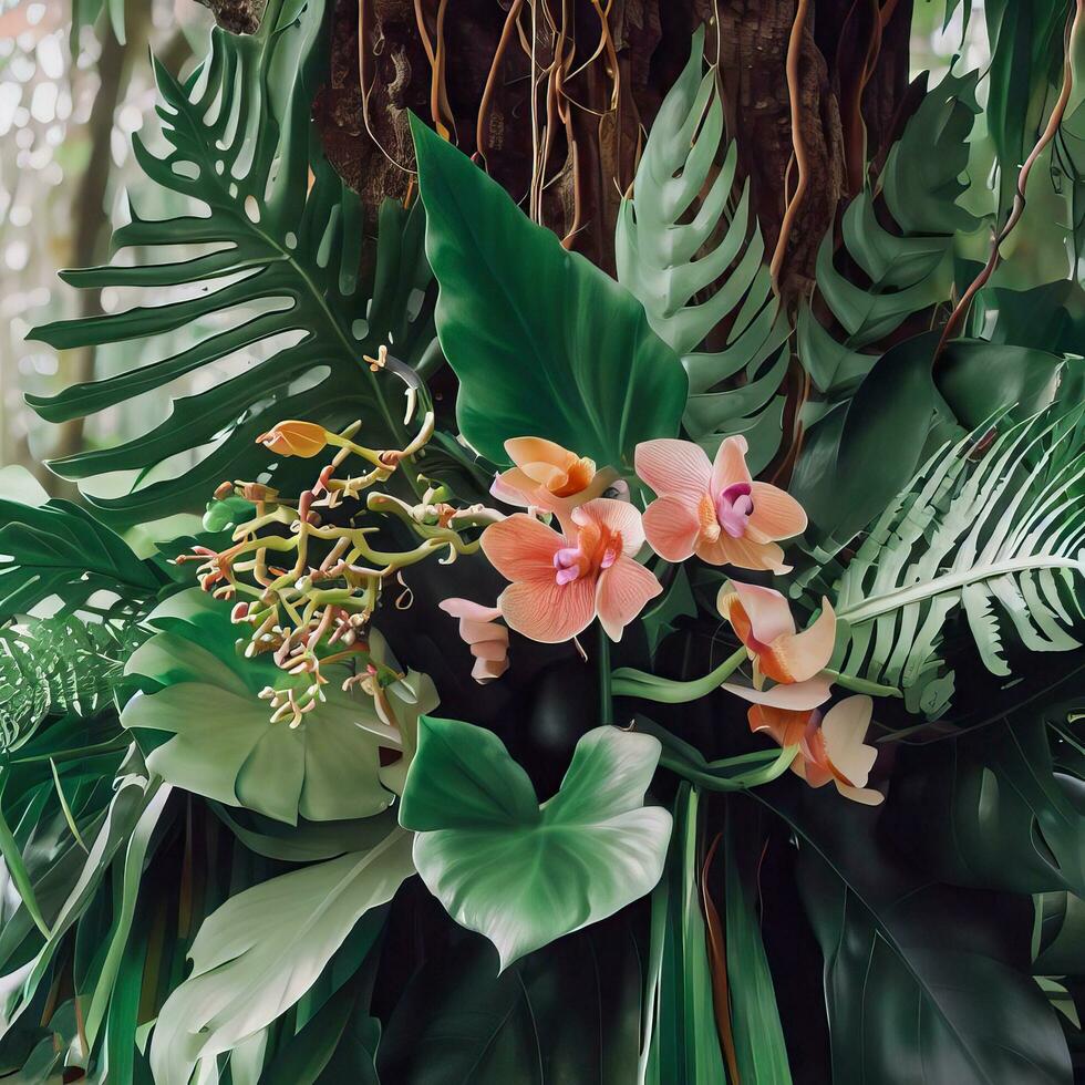 Dark green leaves monstera or split leaf philodendron light and shadow background. Generative AI photo