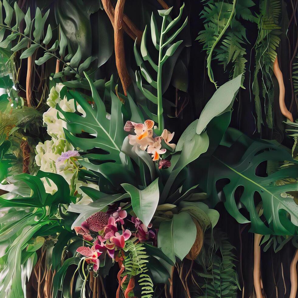 Dark green leaves monstera or split leaf philodendron light and shadow background. photo