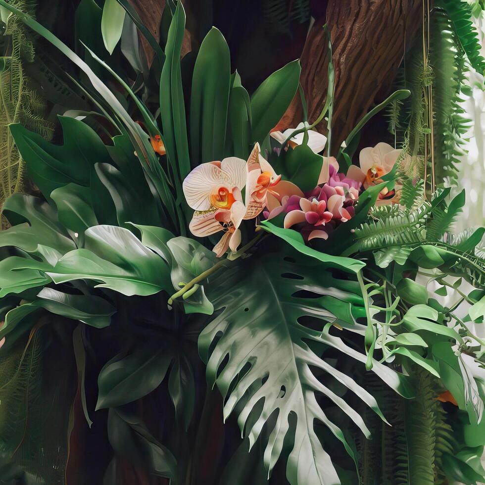 Dark green leaves monstera or split leaf philodendron light and shadow background. photo
